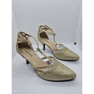 Classique Womens Heels Size 9M Glittery Gold Ankle Strap